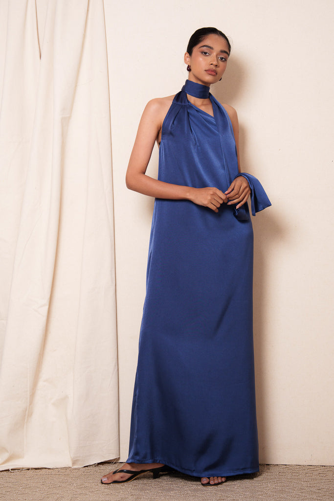 blue medallion floral estelle scalloped dress Simple Satin A-Line Dress by Cinderella Divine BD104