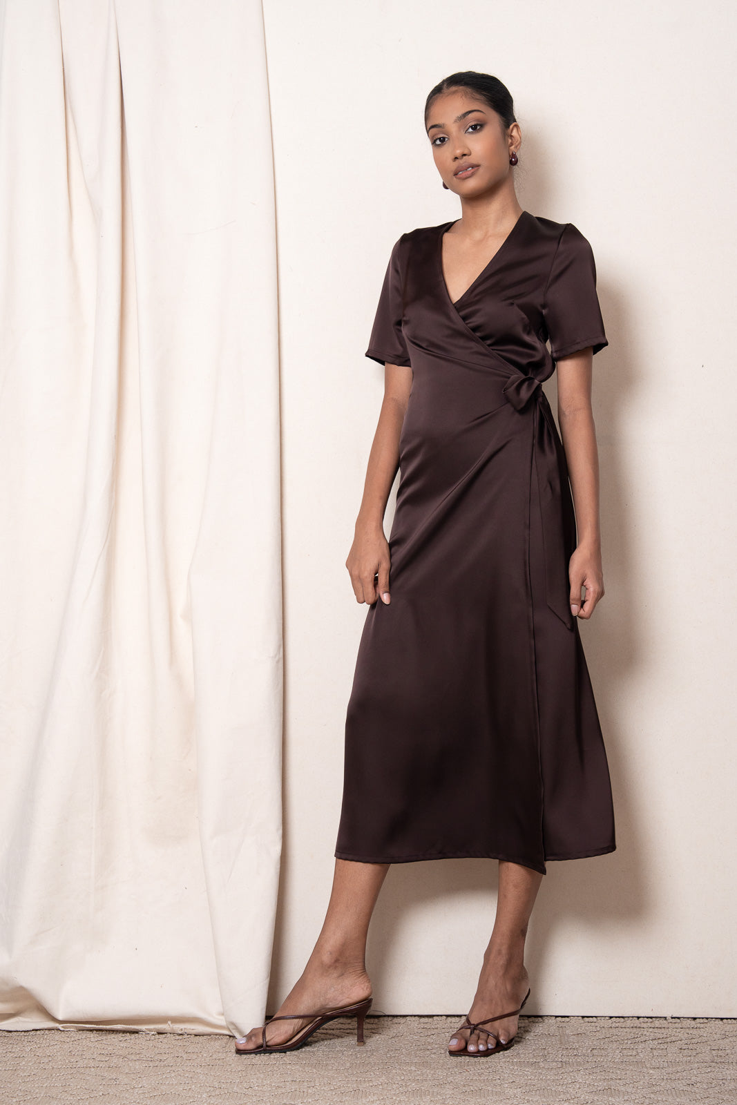 brown silk wrap dress Maija Women Plus Size Chocolate Brown Satin Long Sleeve Wrap Dress,Elegant Formal V-Neck Tie Waist Midi Dress,Autumn Office Formal Formal Casual Outfit Fall